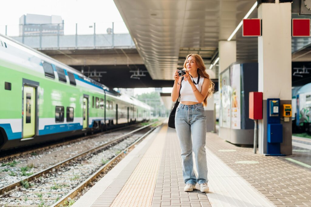 Young caucasian woman freelance photographer searching inspiration walking railway platform